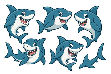 Exciting vector icons of playful cartoon sharks showcasing different expressions and poses for fun designs and illustrations