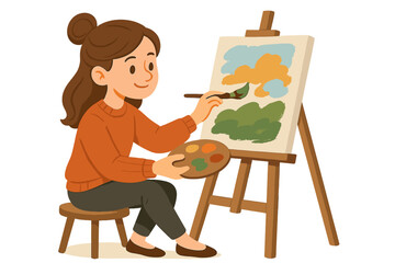 Creative young artist painting a landscape on canvas during daytime at an outdoor studio