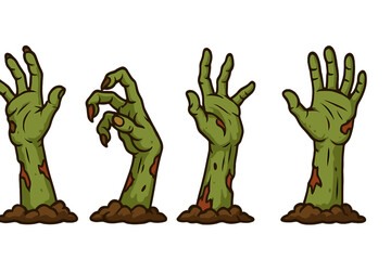 Green zombie hands reaching out from the ground in a spooky Halloween-themed vector illustration