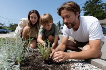A family enjoys a sunny day planting new herbs in their garden, fostering togetherness and a love for nature as they bond over a shared gardening experience.