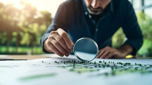 Close-up of urban planner with magnifying glass studying a land map. Searching for vacant land suitable for a new residential project, with notes and sketches outlining potential d