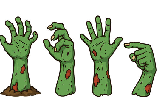 Vector icon of four zombie hand gestures emerging from the ground depicting different actions and expressions