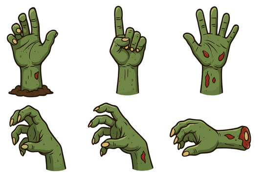 Collection of vector zombie hand icons in various poses and expressions for Halloween and horror-themed designs