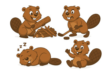 Vector icon featuring playful beavers engaged in various activities with logs and hockey on a white background © icon_art