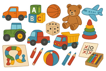 Colorful vector icon set featuring various toys and educational items suitable for children's playtime and learning activities
