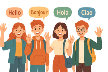 Group of friends greeting in multiple languages with speech bubbles showing hello phrases © icon_art