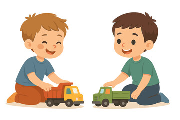 Two boys playing with toy trucks in a cheerful and colorful setting during a sunny afternoon