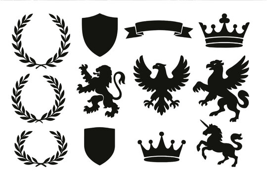 Collection of vector icons featuring heraldic symbols, crowns, shields, and mythical creatures in a black silhouette design