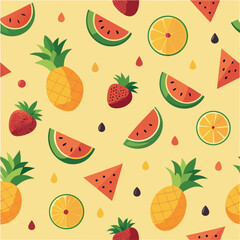 Fruit seamless pattern vector illustration with apple, strawberry, orange, and banana set