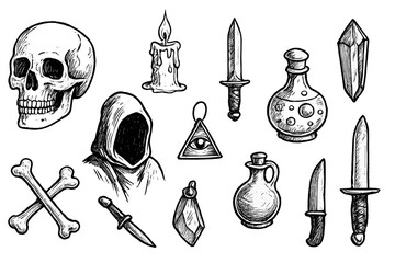 Detailed vector icon collection featuring skulls, candles, knives, and mystical objects related to dark themes and occult symbolism