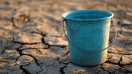 Blue bucket sitting alone on cracked earth, symbolizing drought and water scarcity in an arid, dry landscape.