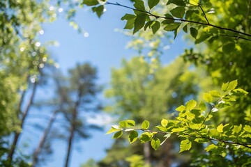 Fototapeta premium Nature scene with green leaves and blur background in forest fresh air and sunlight