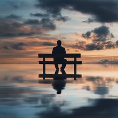 Obraz premium Man sits, views lake's smooth surface. Travel.