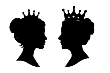 Silhouette vector icon of two queen profiles featuring elegant hairstyles and crowns showcasing regal beauty and majesty