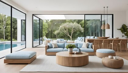 Modern Minimalist Living Room with Pool View