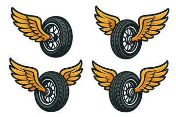 Vector icon of flying tires with wings representing speed and freedom for automotive designs and logos