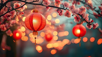 Blossoms and Lanterns of Celebration: Vibrant Red Lanterns and Delicate Blossoms Evoking Cultural Joy