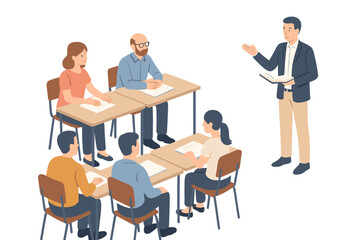 Group discussion in a classroom setting with a presentation by an instructor to students seated at tables