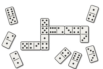 Domino pieces arranged in a dynamic layout on a neutral background showcasing gameplay strategy and fun