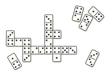 Dominoes arranged in a fun game setup for friends or family, showcasing various combinations and strategies in an indoor setting