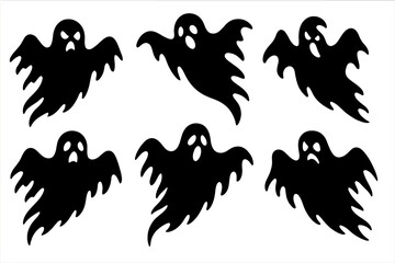Vector icons of six various ghost shapes with expressive faces suitable for Halloween themes and design elements