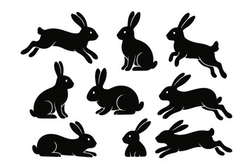 Vector icon set depicting various black rabbits in different poses, showcasing their playful nature and movement