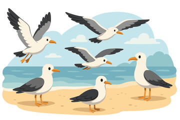Fototapeta premium Seagulls flying and standing on a sandy beach near the ocean during a sunny day