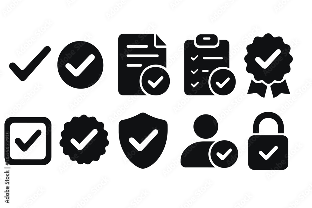 Poster assorted vector icons representing verification, approval, and security concepts in a modern design