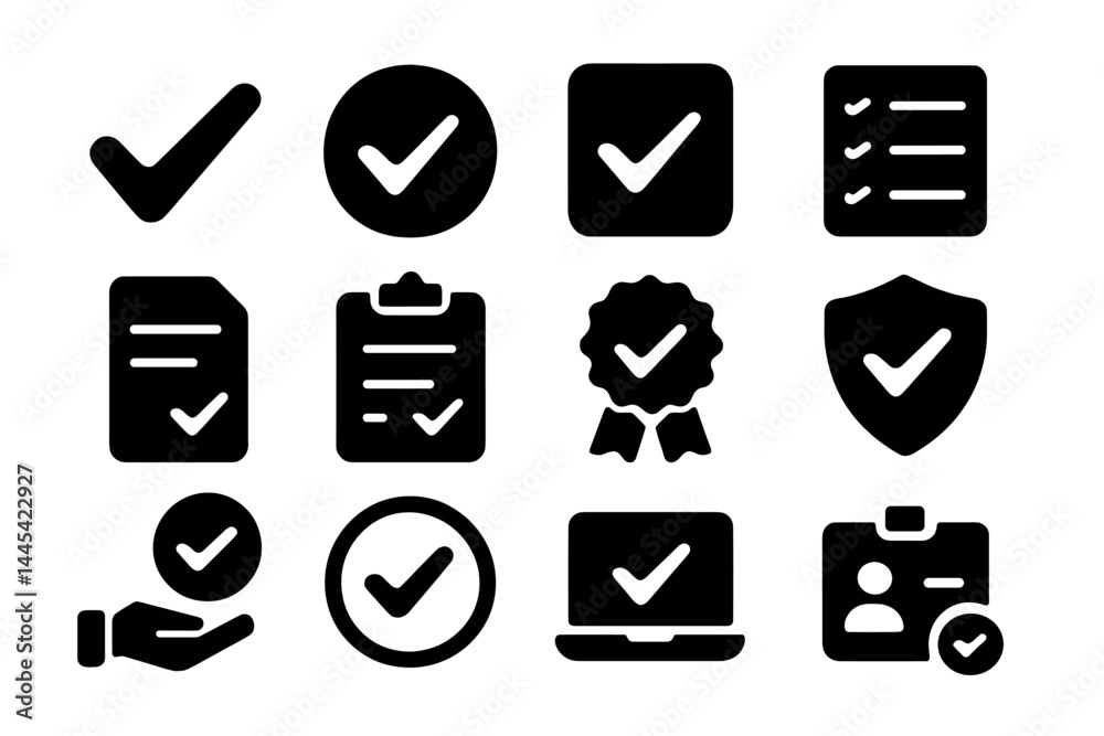 Poster vector icon set showcasing various checkmark designs for approval and verification purposes in a pro