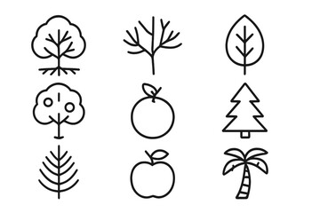 Vector icon set featuring trees, fruits, and nature-themed elements suitable for design projects