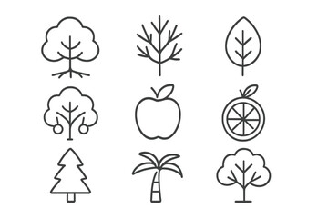 Collection of outline vector icons featuring various trees, leaves, and fruit in a simple and minimalist design style