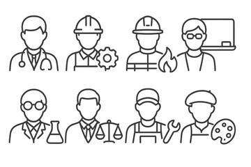 Various professions represented in vector icons showcasing diverse occupations and their activities in a modern workplace setting