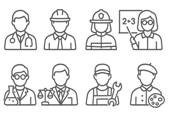 Diverse professions illustrated in vector icons representing various careers including healthcare, education, science, and trades