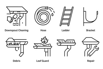 Fototapeta premium Cleaning and maintaining gutters using tools like a ladder, hose, and brackets for efficient water flow management and debris removal