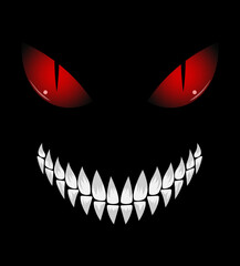 sinister face outlined with a wide toothy grin and piercing red eyes on a black background, evoking an eerie and menacing feeling vector illustration
