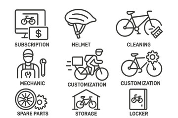 Vector icon collection depicting various aspects of bicycle services and activities for enthusiasts and casual riders