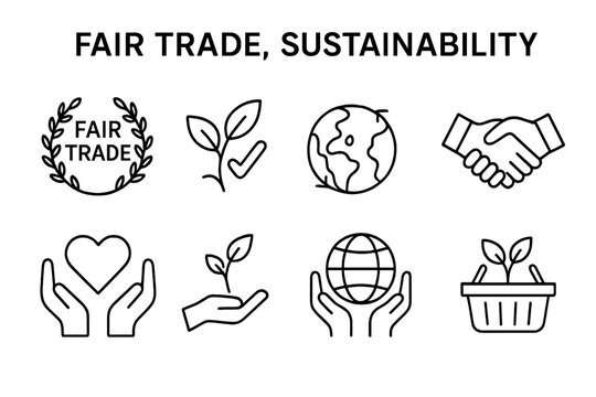 Icons representing fair trade and sustainability with diverse symbols of environmental commitment and cooperation