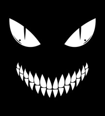 stylized of a sinister grinning face with sharp teeth and piercing eyes on a black background, conveying a sense of horror or mystery vector illustration