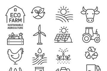 Vector icons representing eco-friendly farming practices and sustainable agriculture concepts in a clean, minimalistic style
