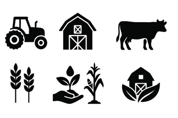 Vector icons representing agricultural activities including tractor, barn, cow, and crops for farm-related designs