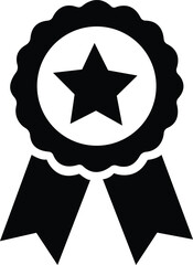 Black Solid Vector Icon of Award Badge with Star and Ribbon Representing Achievement, Winner, Honor, Quality Seal, and Best Performance in Flat Design