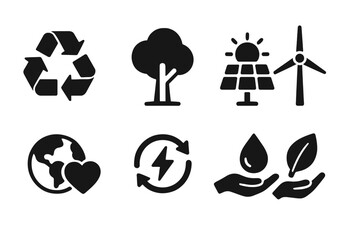 Vector icons representing sustainability, renewable energy, and environmental conservation practices used in eco-friendly initiatives