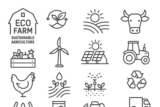 Vector icons representing eco-friendly farming practices and sustainable agriculture concepts in a clean, minimalistic style