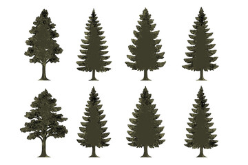 Collection of vector tree icons displayed in a variety of shapes and sizes for nature-themed graphics design projects