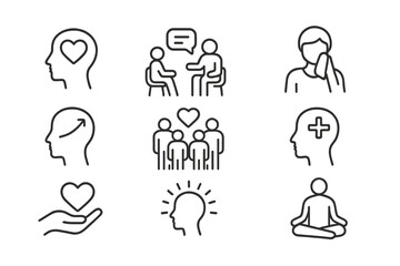 Various vector icons representing mental health concepts, communication, and emotional well-being