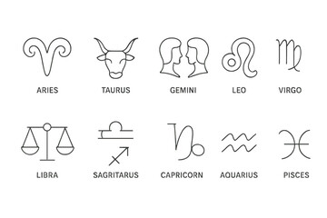 Zodiac signs vector icons in minimalist style featuring symbols for all twelve astrological signs