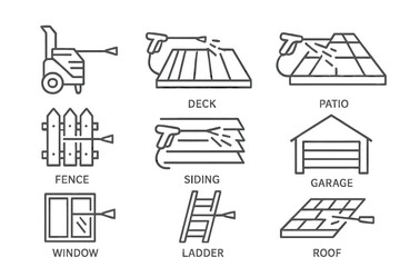 Vector icons illustrating tools and elements for home improvement projects including deck, patio, roof, and siding