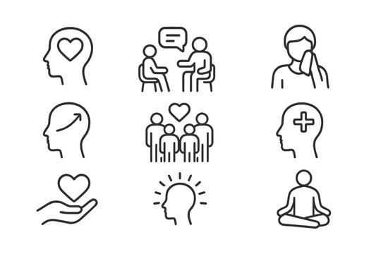 Various vector icons representing mental health concepts, communication, and emotional well-being