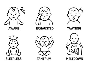 Emotions of Infants Illustrated with Simple Vector Icons Featuring Sleepiness, Tantrums, and Meltdowns