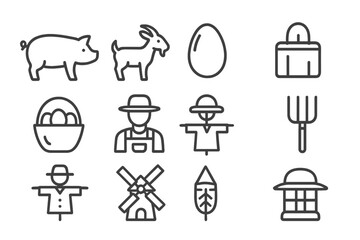 Vector icons depicting farm animals, agricultural tools, and elements of rural life in a simple and clean design